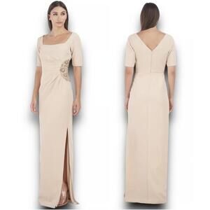 JS Collections Column Gown Dress 8 Evening Embellished Side Slit Cream Ashley